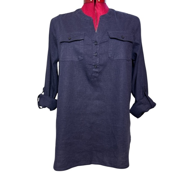 NWOT Tahari navy linen blend long sleeve pullover tunic front button placket - Picture 3 of 11